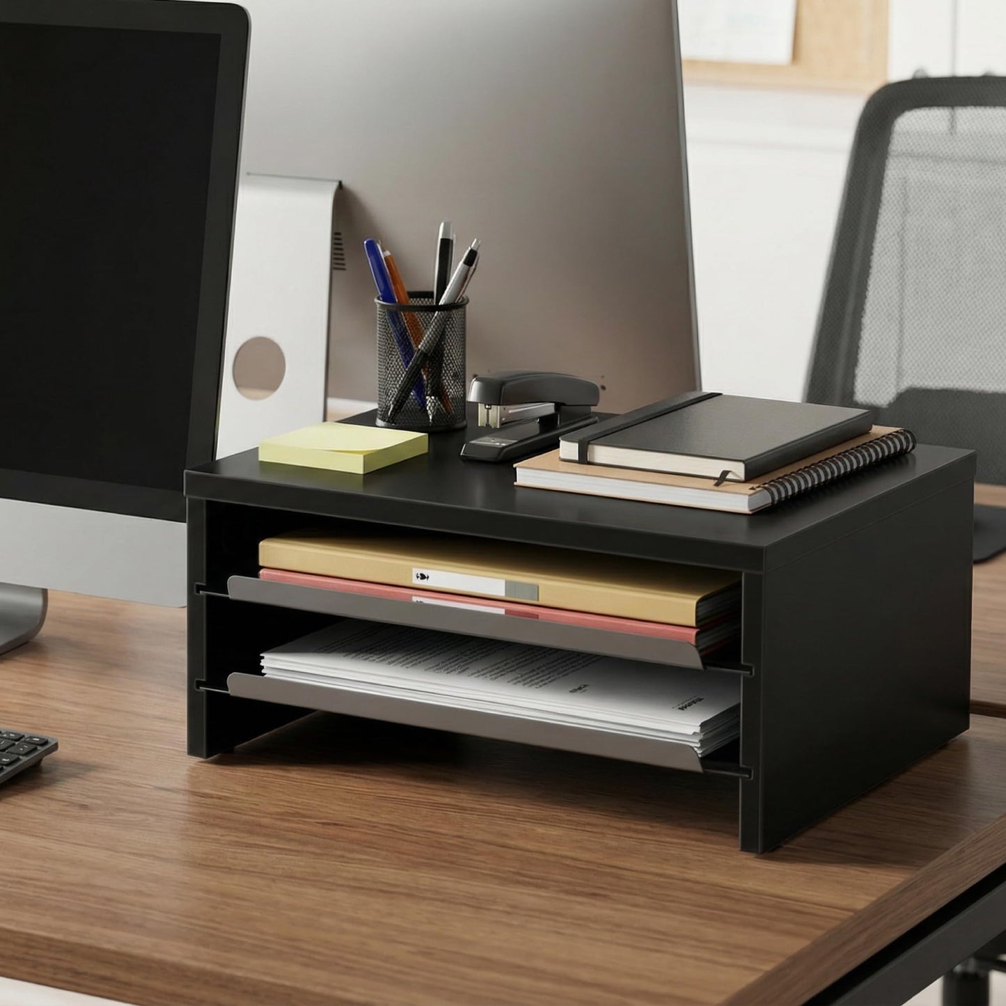 Fenge Monitor Stand, 3-Tier Monitor Riser with Slide-Out Tray, Wooden and Metal Desktop Organizer for Home Office, Computer, Laptop, Printer, Telephone