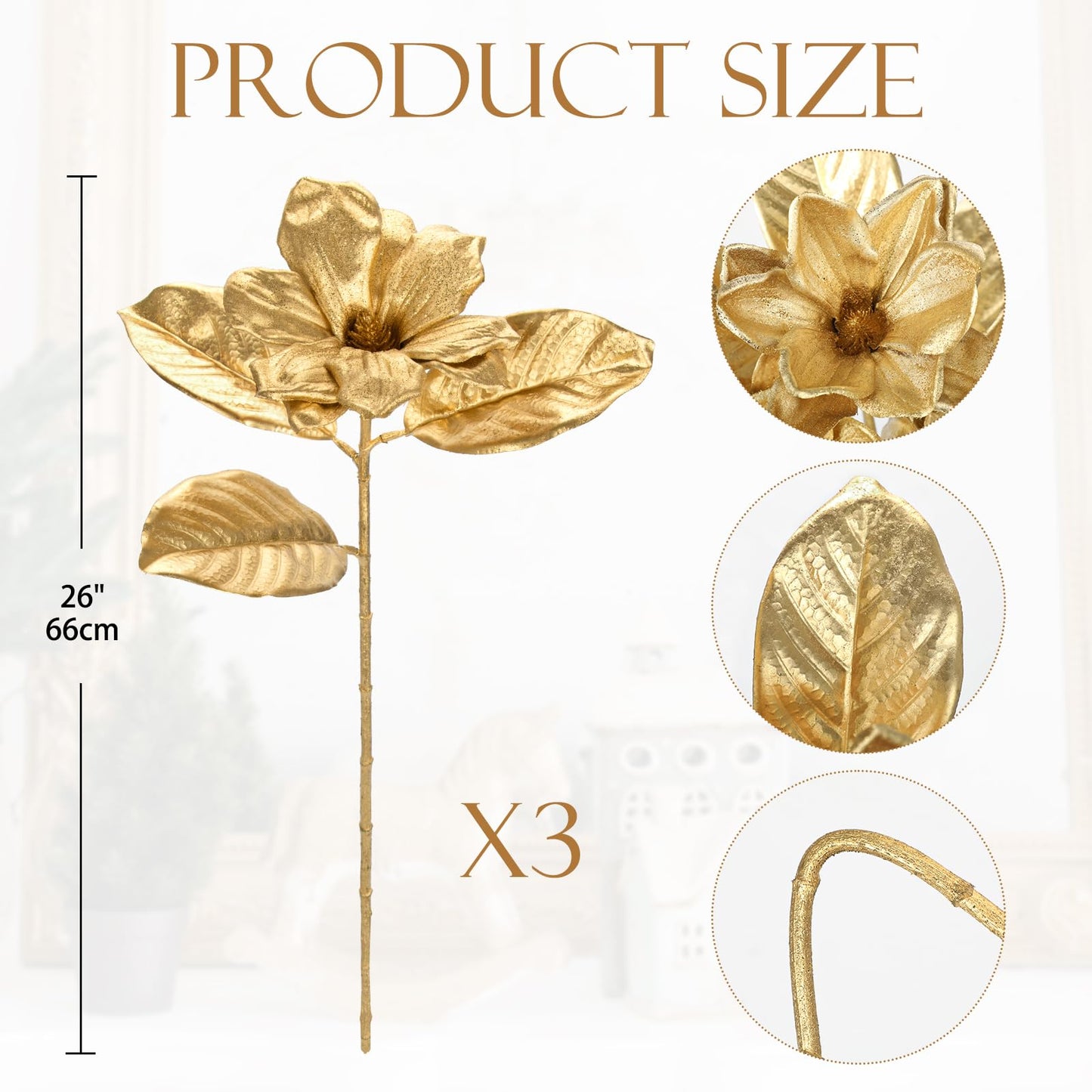 Briful Set of 3 Gold Magnolia Floral Stems 26in Magnolia Artificial Flowers Silk Magnolia Flower Branches for Christmas Home Office Table Vase Decor