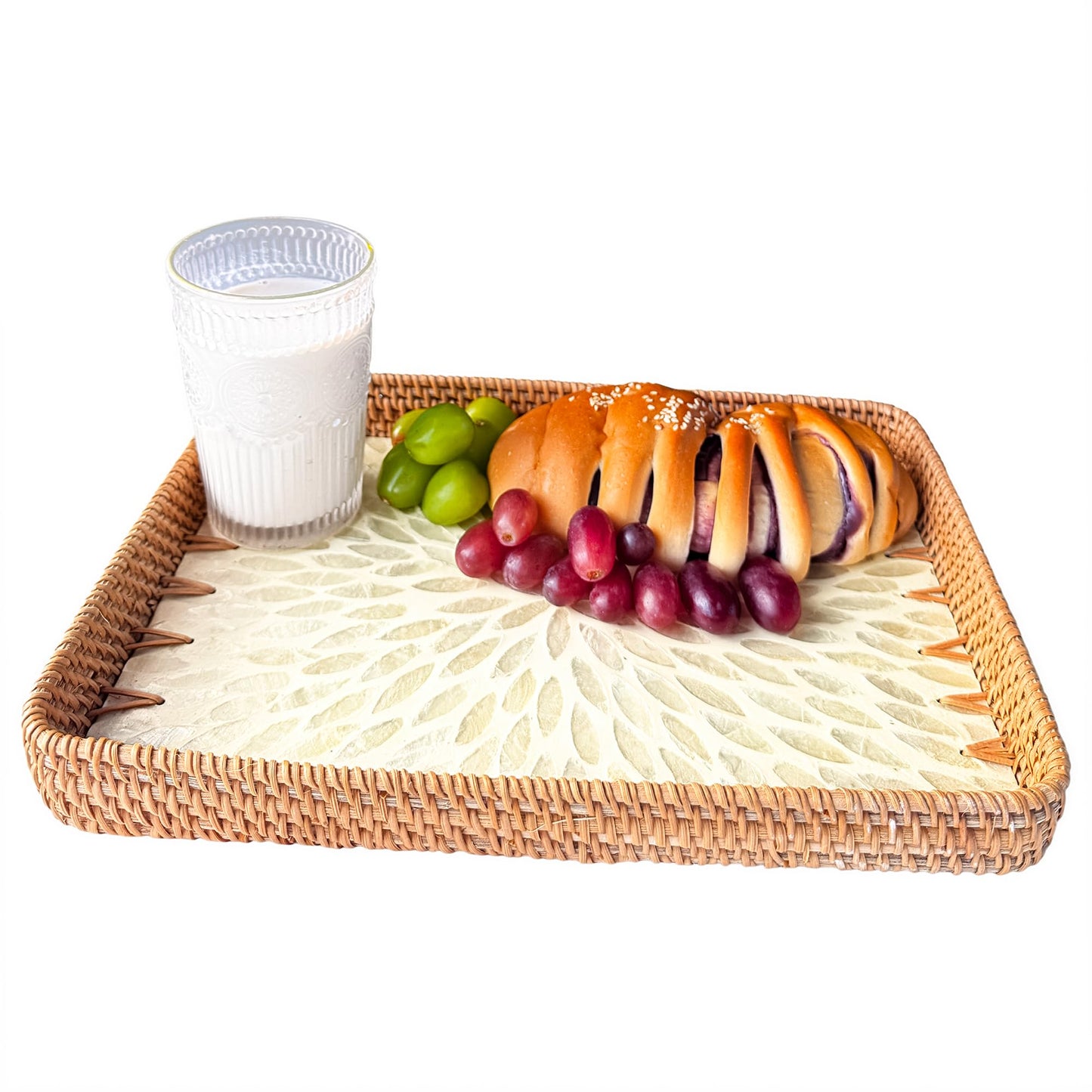 Rattan Tray Rectangle with Mother of Pearl – Unique Decorative Rattan Serving Tray for Food, Bread, Fruits, Snacks & Organizing Bathroom, Coffee Table – Christmas & Housewarming Gift (White 13.3"x9.4)