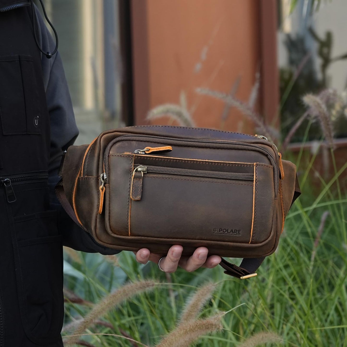 Polare Full Grain Leather Fanny Pack/Waist Belt Bag for Men and Women Large Capacity Crossbody Organizer For Travel Outdoor Sports Hiking Cycling Running
