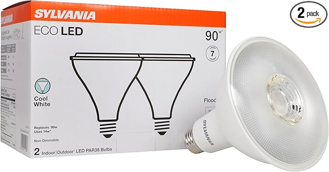 Sylvania ECO LED PAR38 Light Bulb, 90W = 14W, 7 Year, Non-Dimmable, 1000 Lumens, Clear, 4000K, Cool White – 2 Pack (41106)