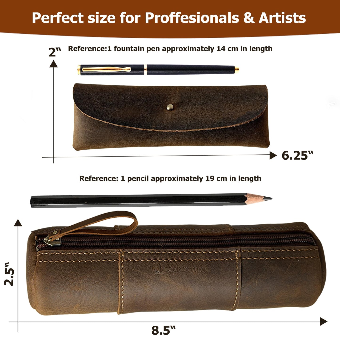 ququfortuna leather pencil case set -2pcs full grain leather zippered pen pouch bag, handmade stationery storage, elegant gift with high-end pencil pouch (brown set) (SET)
