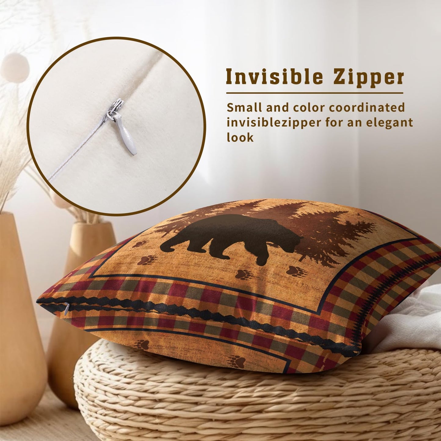 Imiss Bear Throw Pillow Covers 18x18 Inch Set of 2 Forest Cabin Nature Wildlife Square Pillowcase Buffalo Plaid Decorative Cushion Cover for Outdoor Sofa Bedroom Car