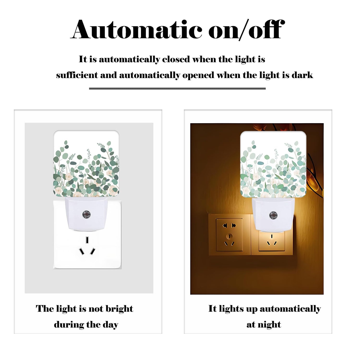 FSHVQKD Eucalyptus Branches and Roses Night Light,Plug-in Nightlights Auto Sensor Night Lamp Dusk to Dawn Lamp Home Decor for Nursery Children Girls Boys