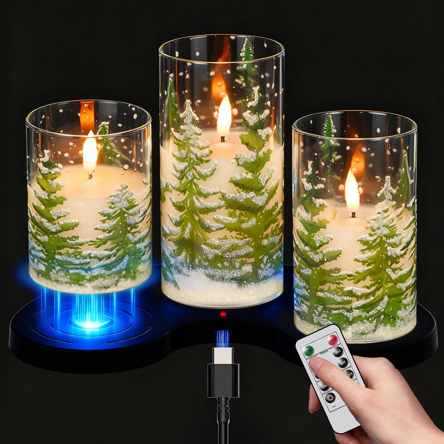 Wondise Rechargeable Christmas Glass Flameless Candles with Remote Timer, Battery Operated LED Real Wax 3D Wick Candles with Charging Base, Set of 3 Christmas Home Decoration Gifts(3 x 4 5 6 Inch)