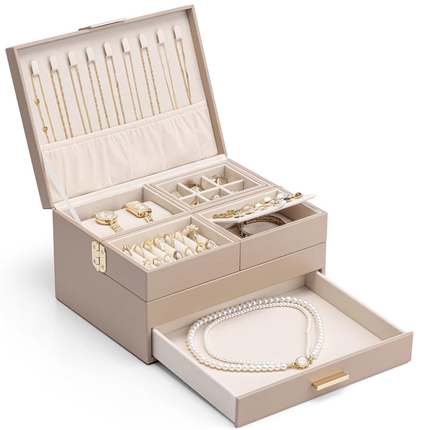 VLANDO 3 Layer Jewelry Box - Women Jewelry Box with Retractable Tray - Jewelry Organizers with Drawer for Necklaces, Rings, Bracelets, Earrings, Gift for Couples Mom Girls - Toffee
