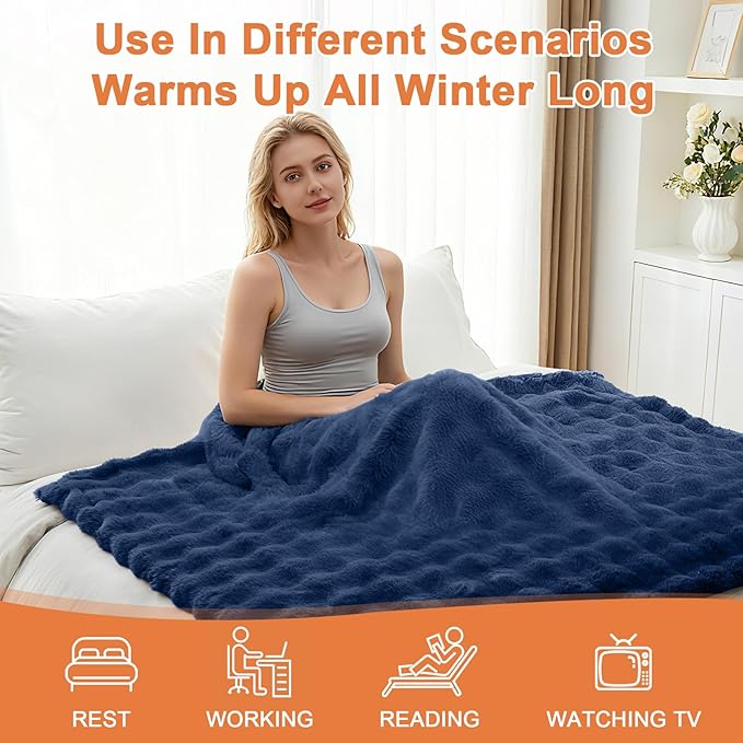 Heated Blanket Electric Throw Blanket 50''X 60''-Heating Blanket with 6 Heat Settings-4 Hours Auto Off,Cozy Faux Rabbit Fur Bubble Electric Blanket,Navy Blue