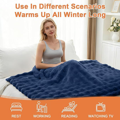 Heated Blanket Electric Throw Blanket 50''X 60''-Heating Blanket with 6 Heat Settings-4 Hours Auto Off,Cozy Faux Rabbit Fur Bubble Electric Blanket,Navy Blue