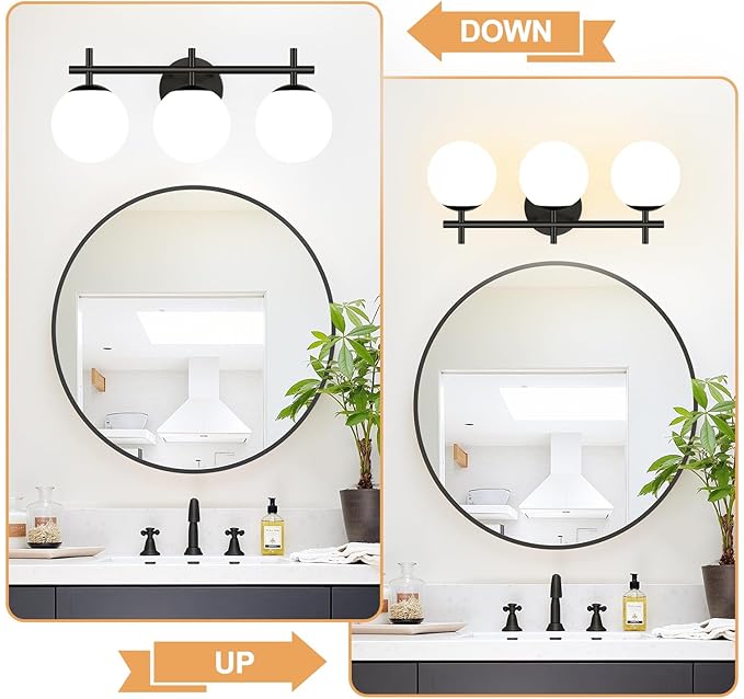 3-Light Bathroom Light Fixtures, Matte Black Vanity Lights for Bathroom with Milky White Glass Ball Shades, 18.9 inch Bathroom Lighting Fixtures Over Mirror, Wall Sconce for Bedroom (Exclude G9 Bulb)