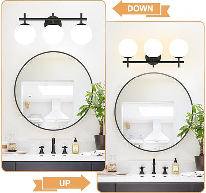 3-Light Bathroom Light Fixtures, Matte Black Vanity Lights for Bathroom with Milky White Glass Ball Shades, 18.9 inch Bathroom Lighting Fixtures Over Mirror, Wall Sconce for Bedroom (Exclude G9 Bulb)