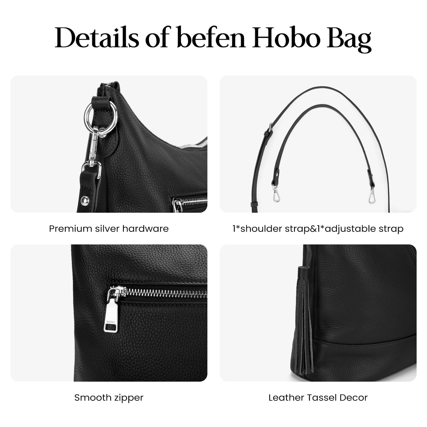 befen Genuine Leather Hobo Bags for Women, Black Crossbody Bags for Women Large Leather Purses, Women's Shoulder Handbags with 2 Removable Strap, Slouchy Bucket Purse With Zipper Pocket for Everyday