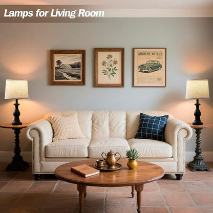 Vintage Table Lamp for Living Room Bedroom, 18.5" Farmhouse Bedside Lamps Nightstand Lamp Set of 2, Table Lamps with Oatmeal Linen Lamp Shades, 2 LED Bulbs Included, Black