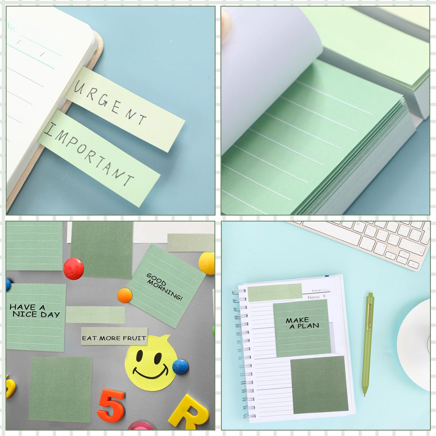 Resurhang Aesthetic Stationery Set Supplies Sticky Notes Set 6 Mini Correction Tapes 6 Retractable Black Ink Pens 0.5mm Fine Point Paper Corrective Pen Self Stick Index Tabs(Green)