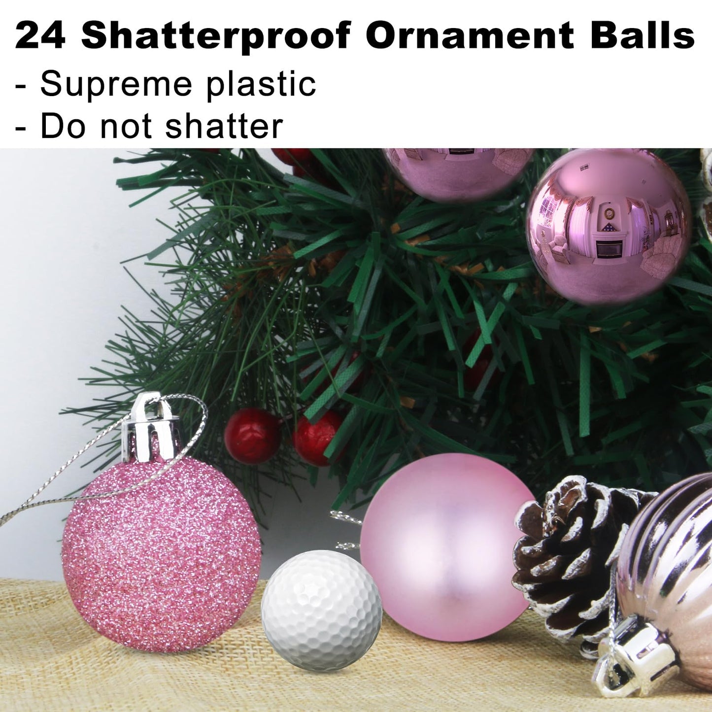 GameXcel 24Pcs Christmas Balls Ornaments for Xmas Tree - Shatterproof Christmas Tree Decorations Medium Size Hanging Ball Pink 2.5 inch x 24 Pack inch