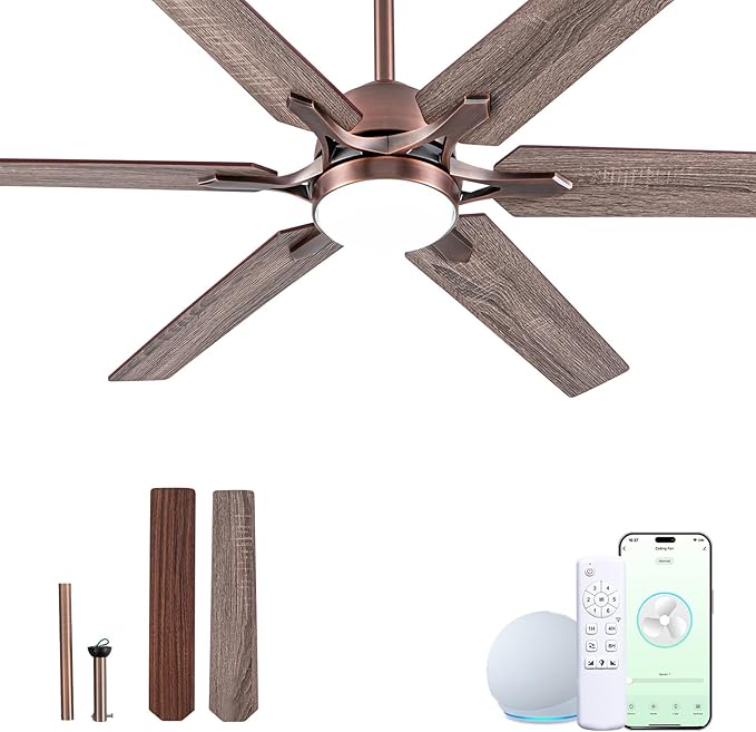 52" Oil Rubbed Bronze Smart Ceiling Fan with Light via WiFi Alexa,6-Speeds Quiet DC Motor,Dimmable,Outdoor Antique Bronze Large Ceiling Fan for Living Room,Bedroom,Dual Finish 6 Blades
