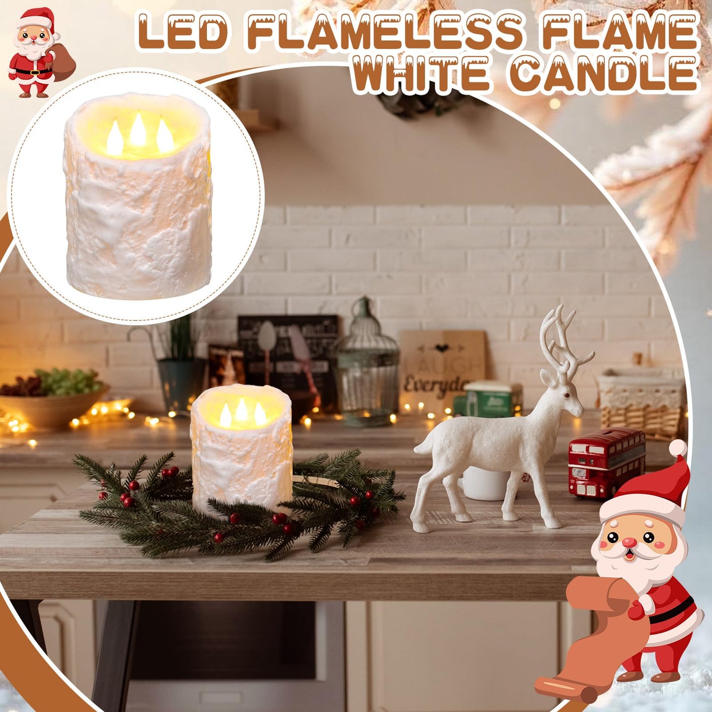 Baquler Large Flameless LED Battery Operated Pillar Candle - 3 Wick 5"x4" Snowy Frosted White Flameless Christmas Fake Candle for Xmas Table Centerpiece Holiday Rustic Indoor Home Decor