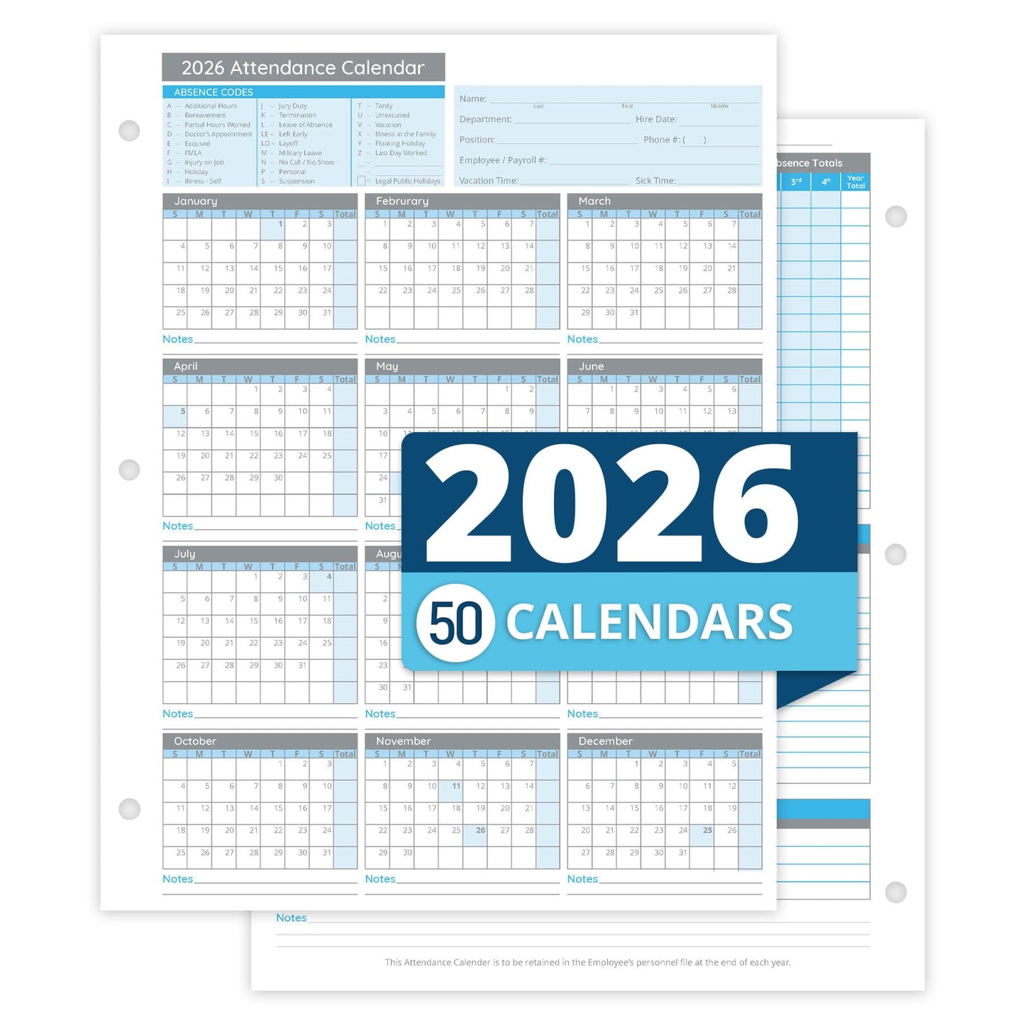 Blue Summit Supplies 50 Sheet Attendance Calendar, Employee 2026 Attendance Sheets for 3 Hole Binder, Convenient Tracker for Employee Attendance Record, Time Off, and Tardiness, 50 Pack