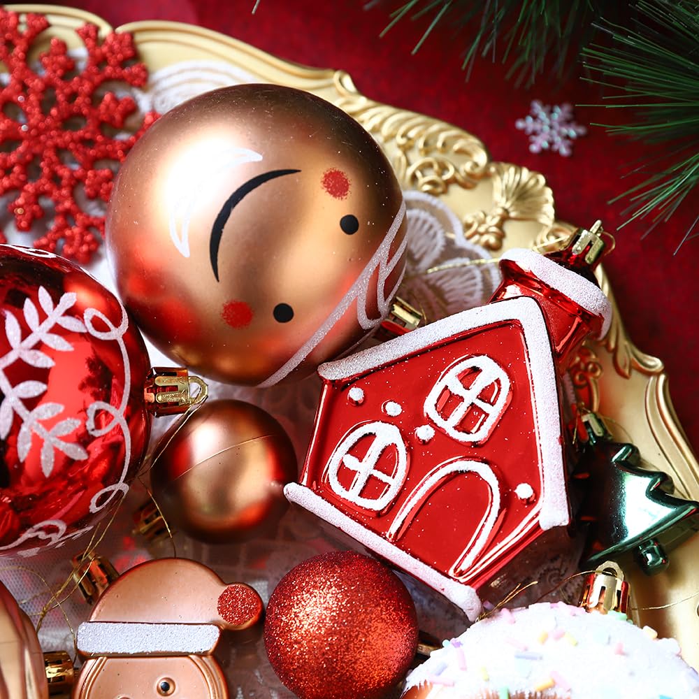 Gingerbread Man Christmas Tree Ball Ornaments Set - 72 ct Red Green Copper Gold Plastic Shatterproof Hanging Ornaments for Xmas Tree Indoor Outdoor Holiday Party Decorations