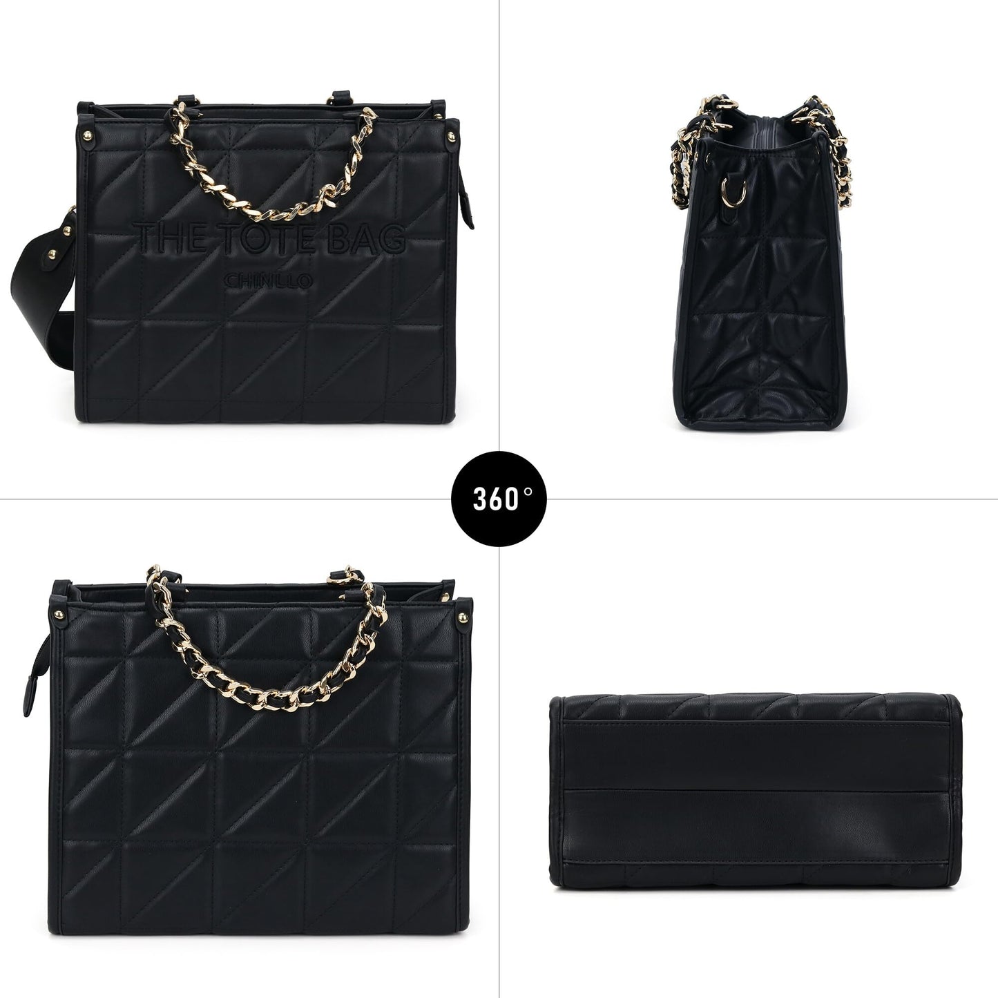 Chinllo Tote Bag for Women Laptop Quilted Chains Satchel Purse and Handbags with Shoulder Strap (E.Black-L)