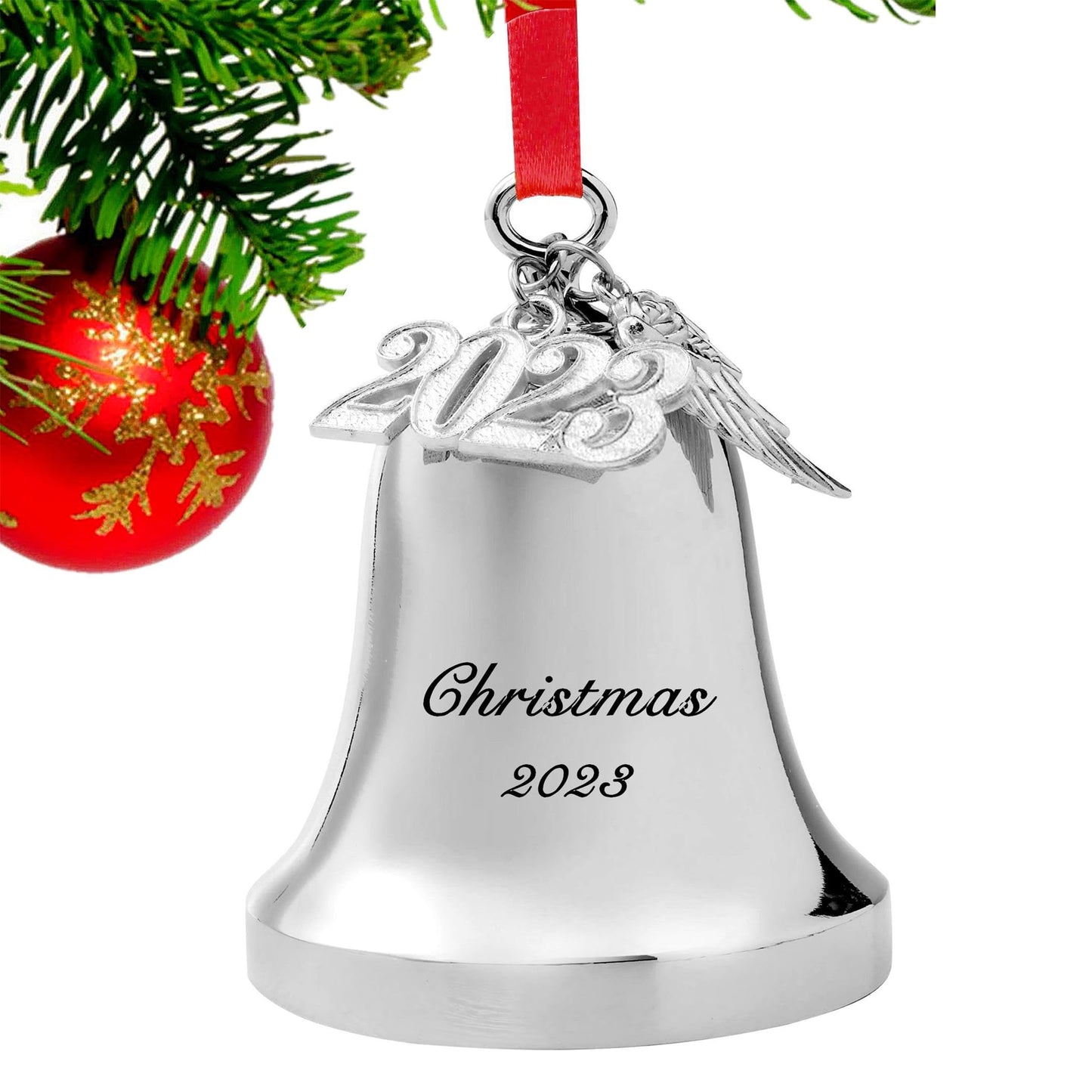 FKOG Silver 2026 Christmas Bell & Sleigh Bell Ornament with Angel Wings Wedding Anniversary Newlywed Married Memories Decoration Gifts (2026 Christmas Bell and Sleigh Bell)
