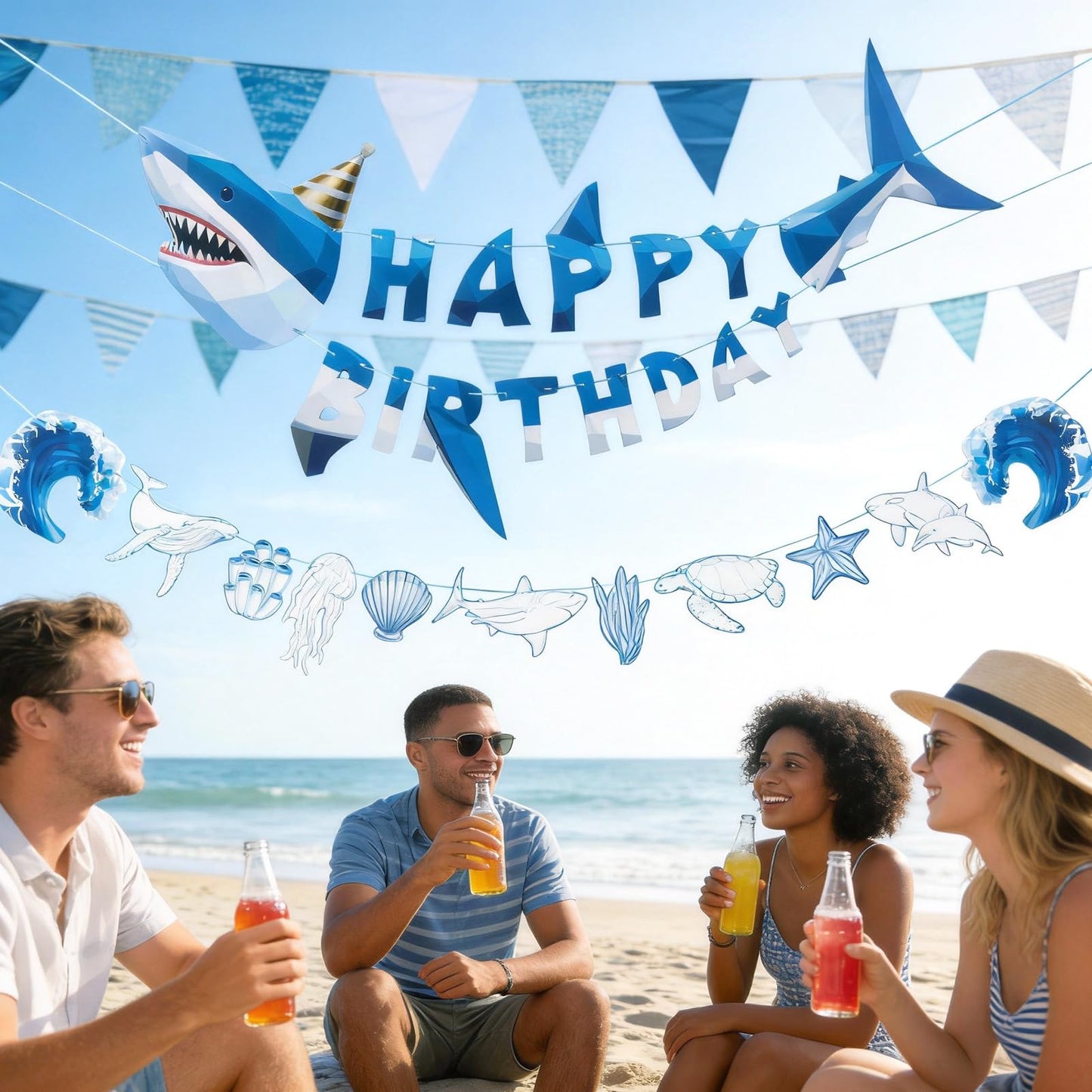 SUNBEAUTY Shark Birthday Party Decorations Shark Happy Birthday Banner Ocean Theme Hanging Shark Garland Under The Sea Pre-strung Shark Birthday Banner for Boys Baby Shower Beach Summer Pool Party（Blue）