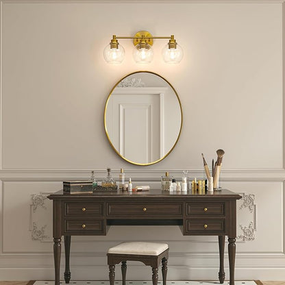 VONLUCE Bathroom Light Fixtures, 3-Light Bathroom Vanity Light with Globe Glass Shades E26 Sockets, Vanity Lights Over Mirror for Bedroom Hallway Living Room, Gold Finish