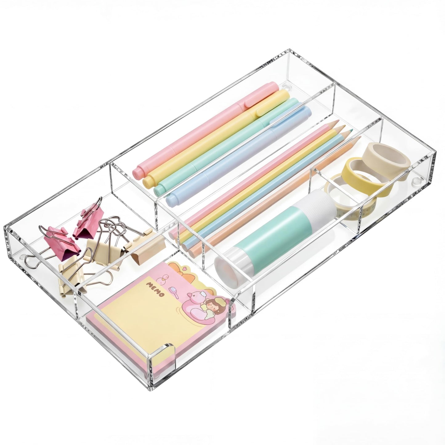 Briwooody Clear Acrylic Desk Drawer Organizer 11 x 6.1 x 1.38 Inch Storage Tray Organizer for Pens, Stationery, Desktop, Office, Bathroom, Kitchen, Makeup Supplies (6 Compartments)