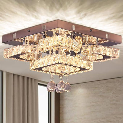 CXGLEAMING 11.8" Modern Crystal Chandelier LED Ceiling Light Fixture Suitable for Kitchen Corridor Hallway Bedroom Bathroom Dining Room 4 Petals/Raindrop Ball Square Wall Switch （Warm Light）