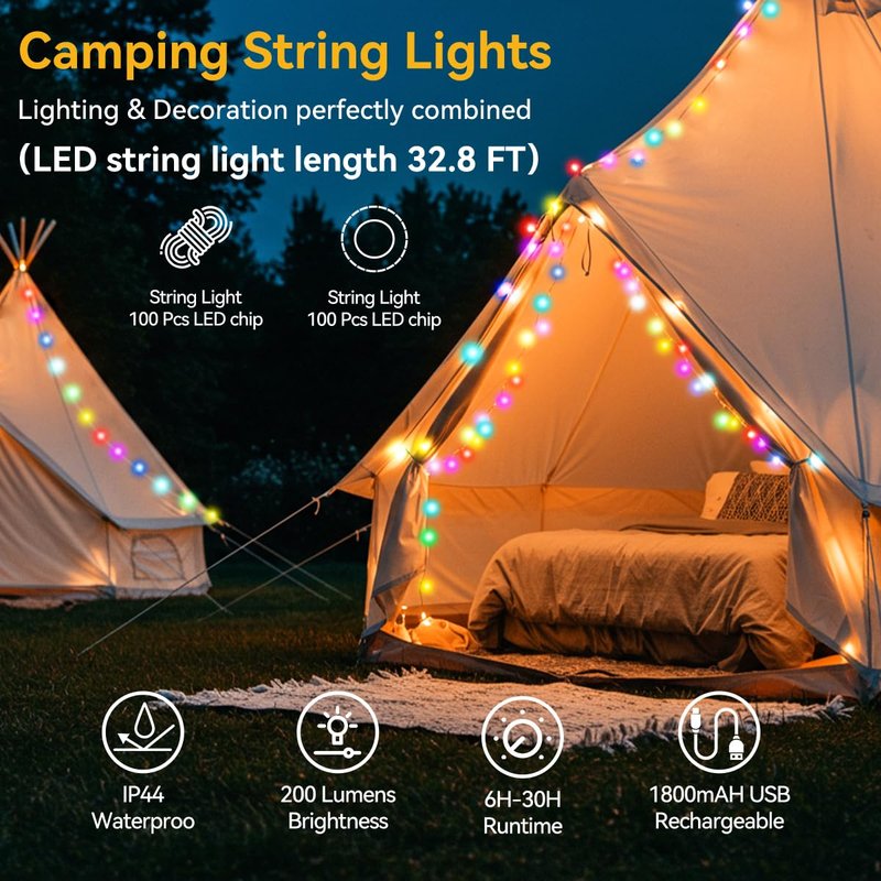 LEDLAY 33FT Camping String Lights, Rechargeable String Lights with 8 Modes, Waterproof Outdoor Lights with Delay Closure, Retractable Design & Hooks for Outdoor Patio Awning Garden Party Essentials