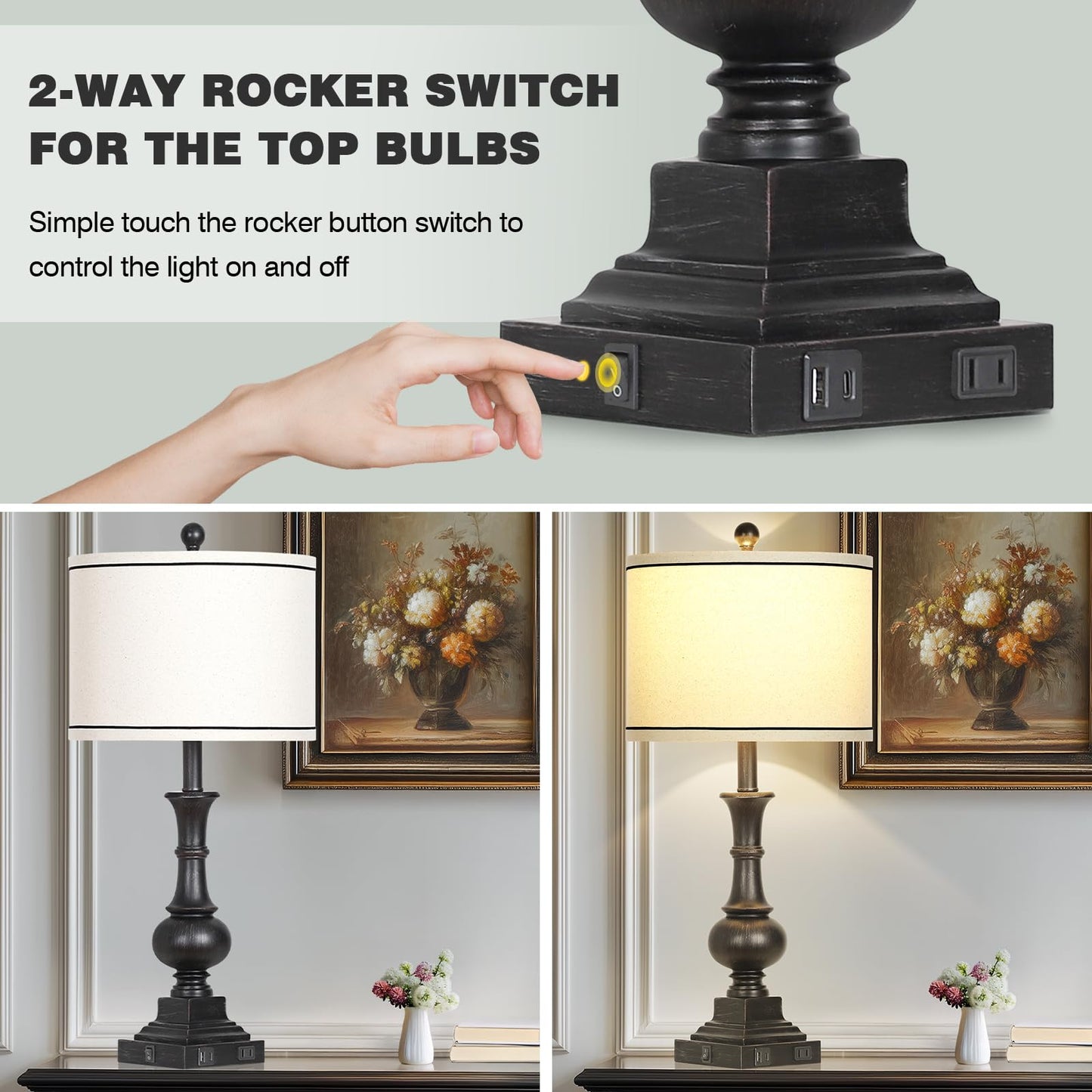 luxeflow Farmhouse Table Lamps Set of 2, Vintage Bedside Lamps with USB A+C Charging Ports & AC Outlet, 26" Rustic Nightstand Lamp for Living Room Bedroom End Table Wash Black(2 LED Bulbs Included)