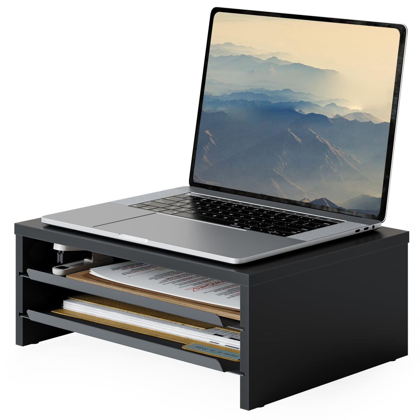 Fenge Monitor Stand, 3-Tier Monitor Riser with Slide-Out Tray, Wooden and Metal Desktop Organizer for Home Office, Computer, Laptop, Printer, Telephone