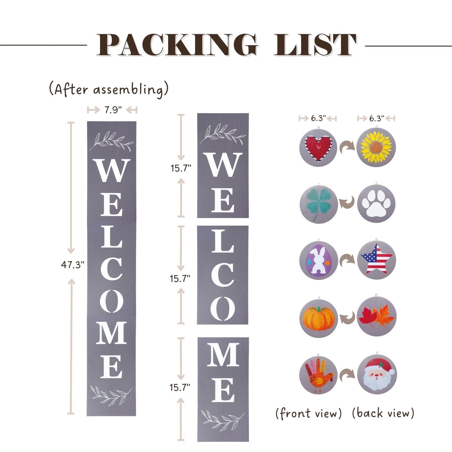 Perfnique Interchangeable Welcome sign for front porch standing, 47 x 7.9 Inch Black Wooden Leaner Sign with 10 Interchangeable Designed Icons, Morden Farmhouse Rustic Seasonal Decor for Spring Easter