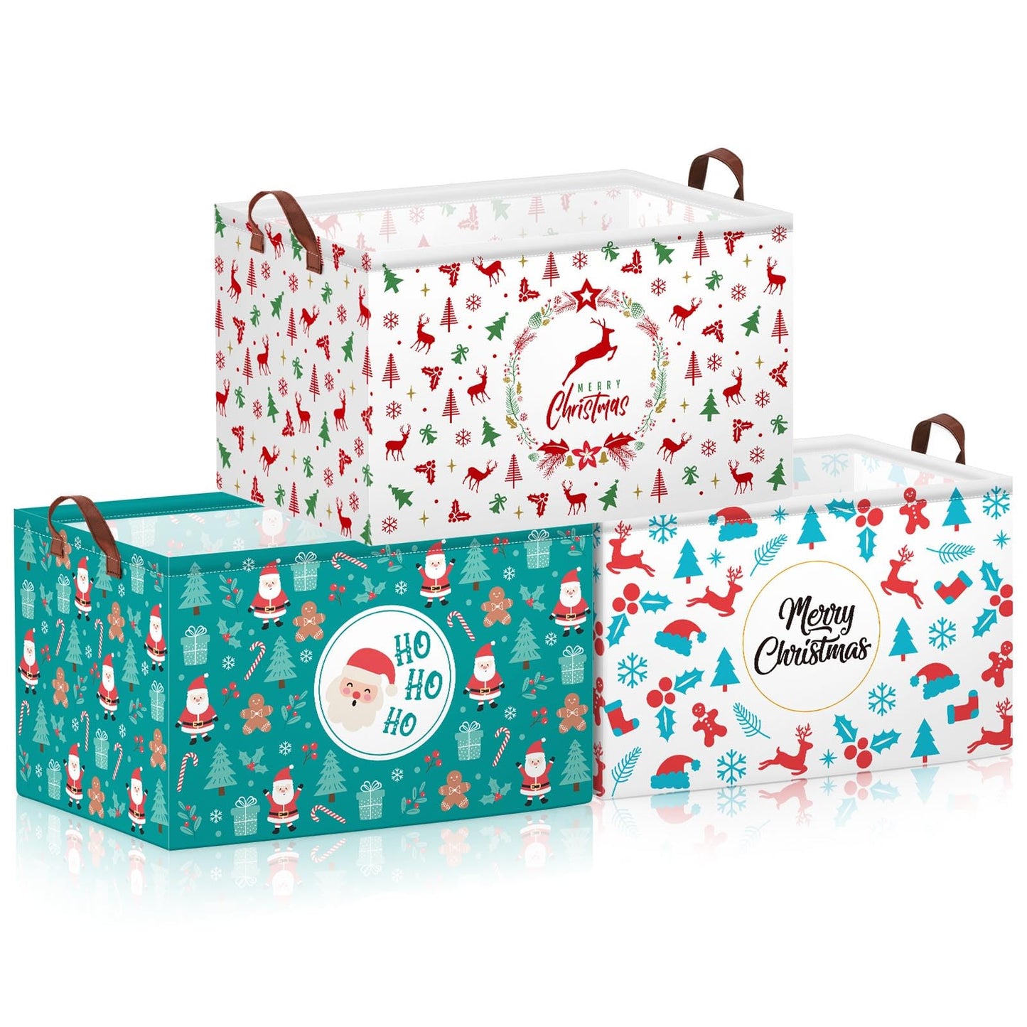 Boao 3 Pack Christmas Storage Baskets for Gifts Empty Collapsible Large Christmas Storage Bins, Xmas Canvas Laundry Basket with Handle for Office Home Bedroom Clothes Toys Holiday Decor