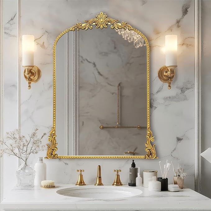 Growsun Vintage Gold Arched Mirror, 24’’x36’’ Antique Baroque Ornate Wall Mirror Decor with Full Metal Frame for Fireplace/Entryway/Living Room/Bathroom