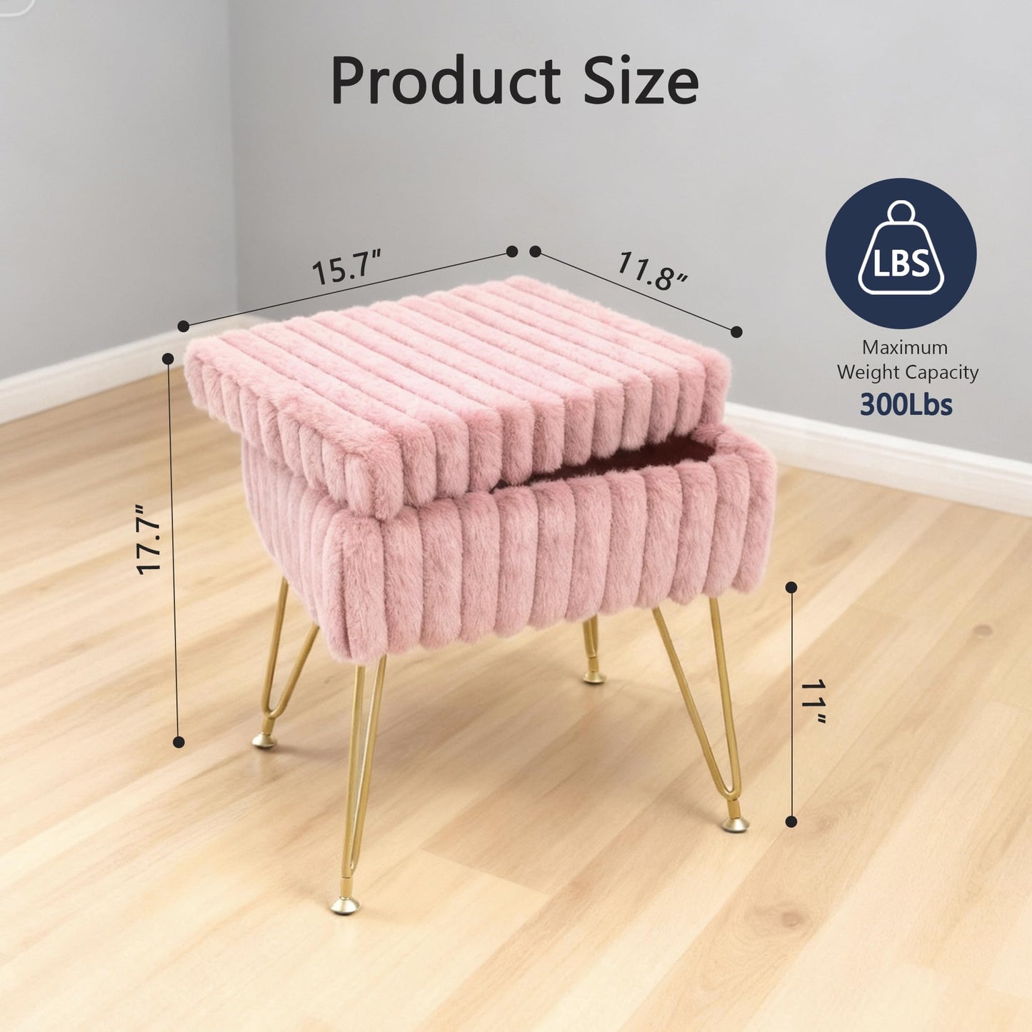xupersodys Vanity Stool Chair with Storage, Faux Fur Soft Padded Ottoman with Coffee Table, Modern Vanity Chair Fluffy Footstool with Metal Legs for Makeup, Living Room,Bedroom Pink