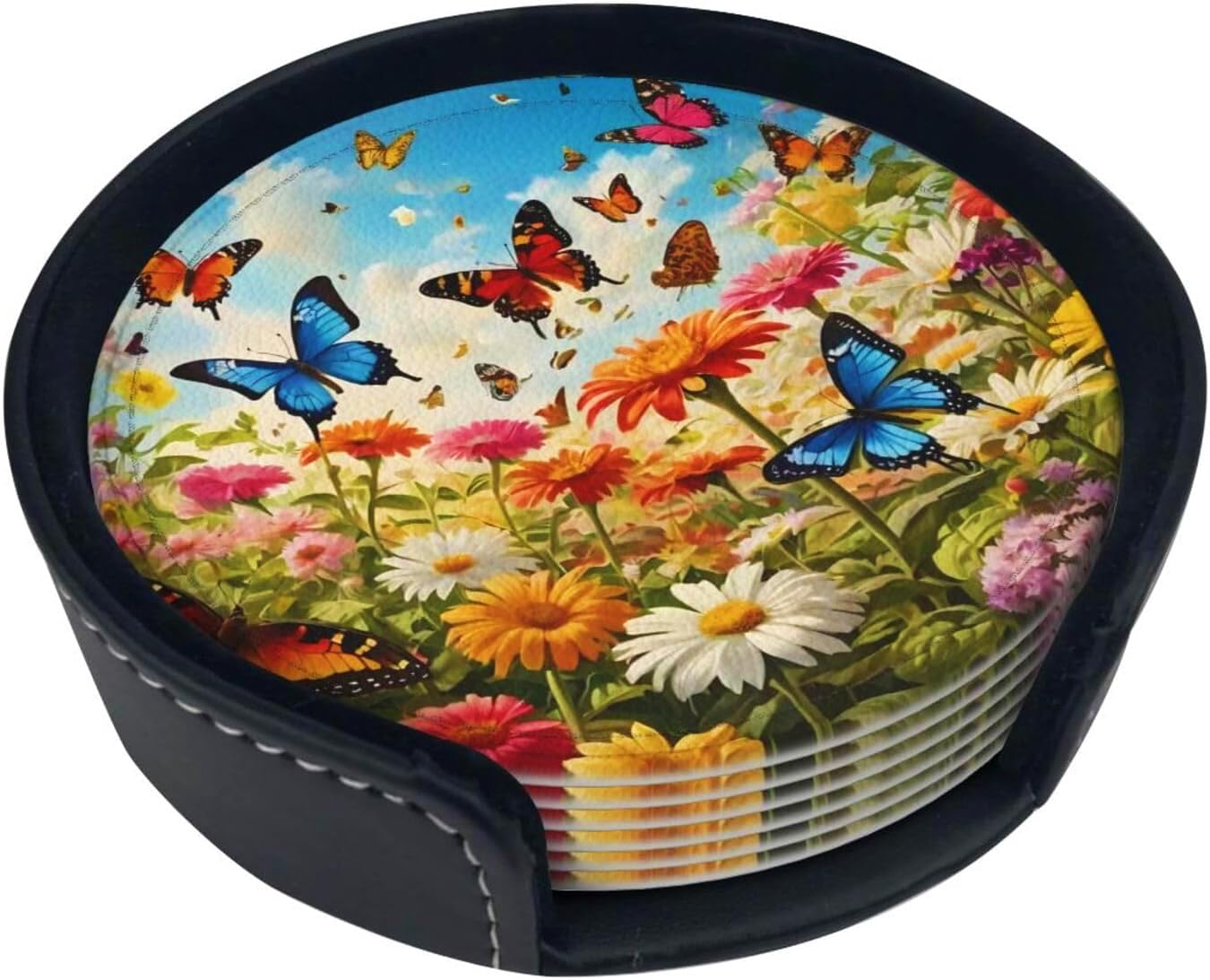 BOXIMIAO Drink Coasters with Holder Stand Set of 6, Bright Flower Butterfly Pu Leather Absorbent Coasters with Cork Base Table Coaster Round Coasters for Housewarming Apartment Kitchen Bar Decor