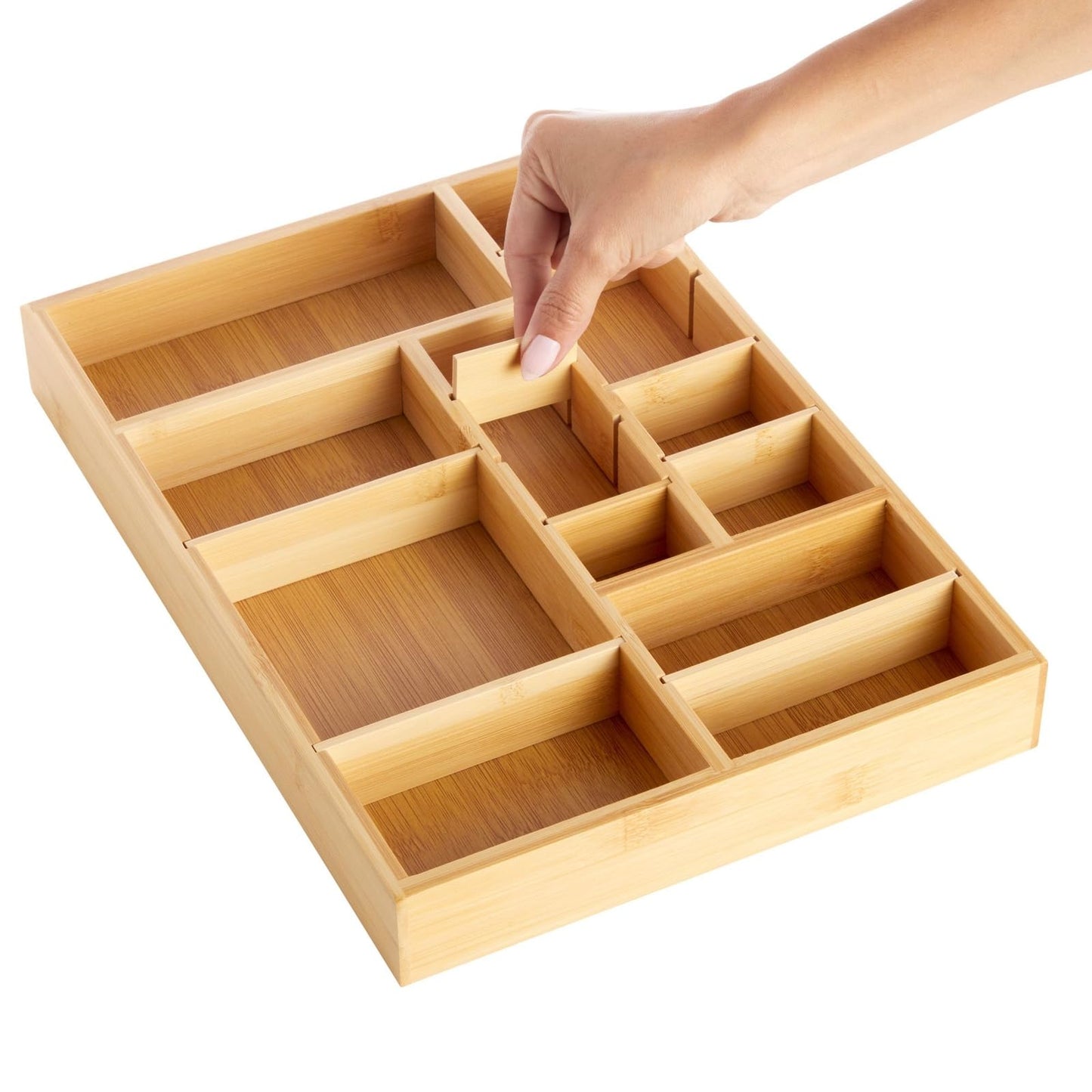 Juvale Drawer Organizer Tray - 8-Slot Drawer Divider for Utensils - Versatile Silverware Holder - Desk Tray for Office Supplies - 14 x 10 x 2 in, Brown, Bamboo