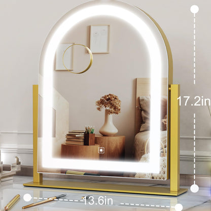 Arched Makeup Vanity Mirror with Lights 17.2" Large LED Lighted Mirror, Hollywood Make Up Mirror with Lighting, Smart Touch,Detachable 5X Magnification 360° Rotation, (Gold,Gift Box)