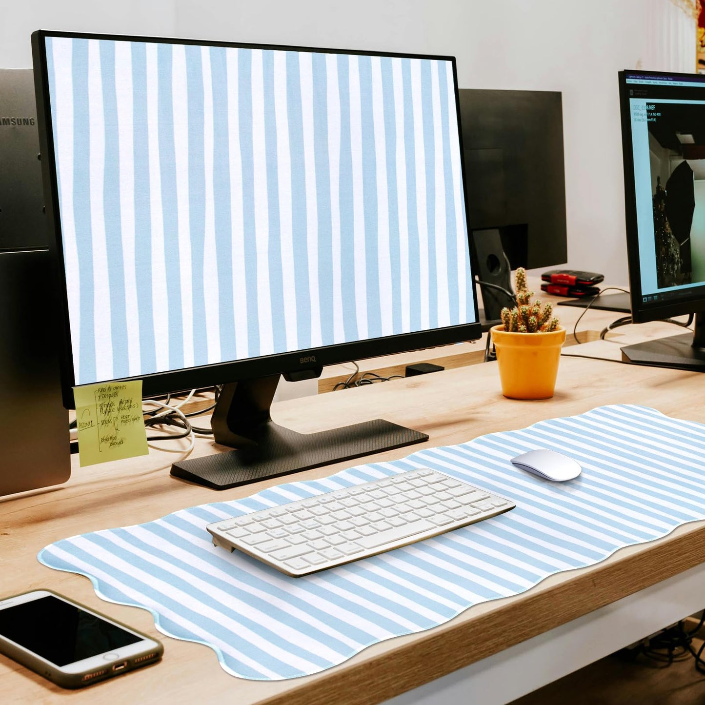 L-SPOUTTO Blue Striped Mouse Pad,Scalloped Desk Mat XXL Large Geometric Gaming Mousepad,35.4x15.7in Non-Slip Rubber Base Keyboard Pad Waterproof Desktop Mat for Laptop Computer Game Home Office