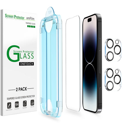 amFilm Easiest Installation OneTouch for iPhone 14 Pro [6.1 Inch] Screen Protector Tempered Glass, Auto-Alignment Tech, Bubble Free and Full Coverage Case Friendly, Anti-Scratch 2 Pack