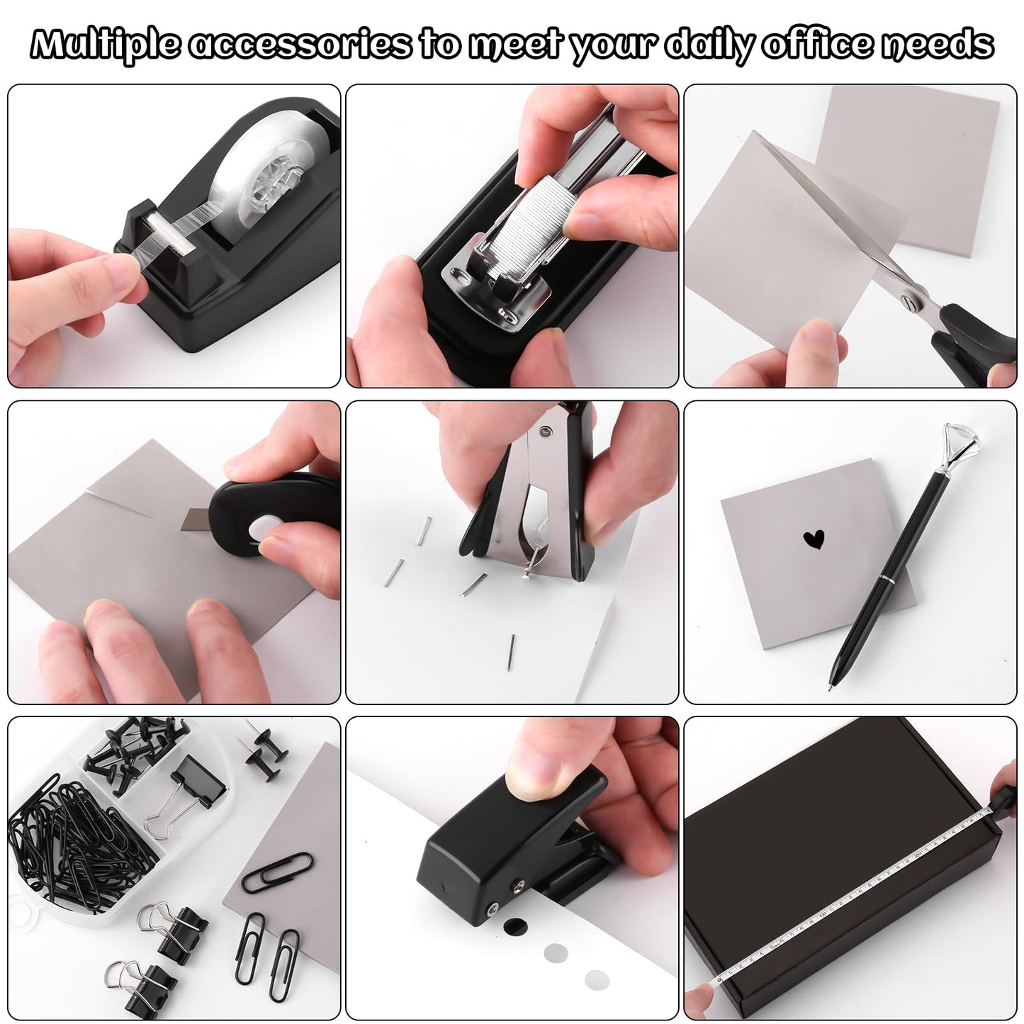 Black Desk Accessory Kit Cute Office Supplies Set Desktop Stapler Set Includes Staple Remover Hole Punch Tape Dispenser Ballpoint Pen Scissor Mini Box Cutter Tape Measure Paper Clips Sticky Notes