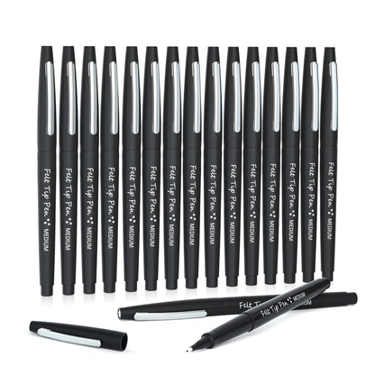 Lelix Felt Tip Pens, 15 Black Pack, 0.7mm Medium Point, Felt Tip Markers Pens for Journaling, Writing, Note Taking, Planner, Perfect for School Office and Art Supplies