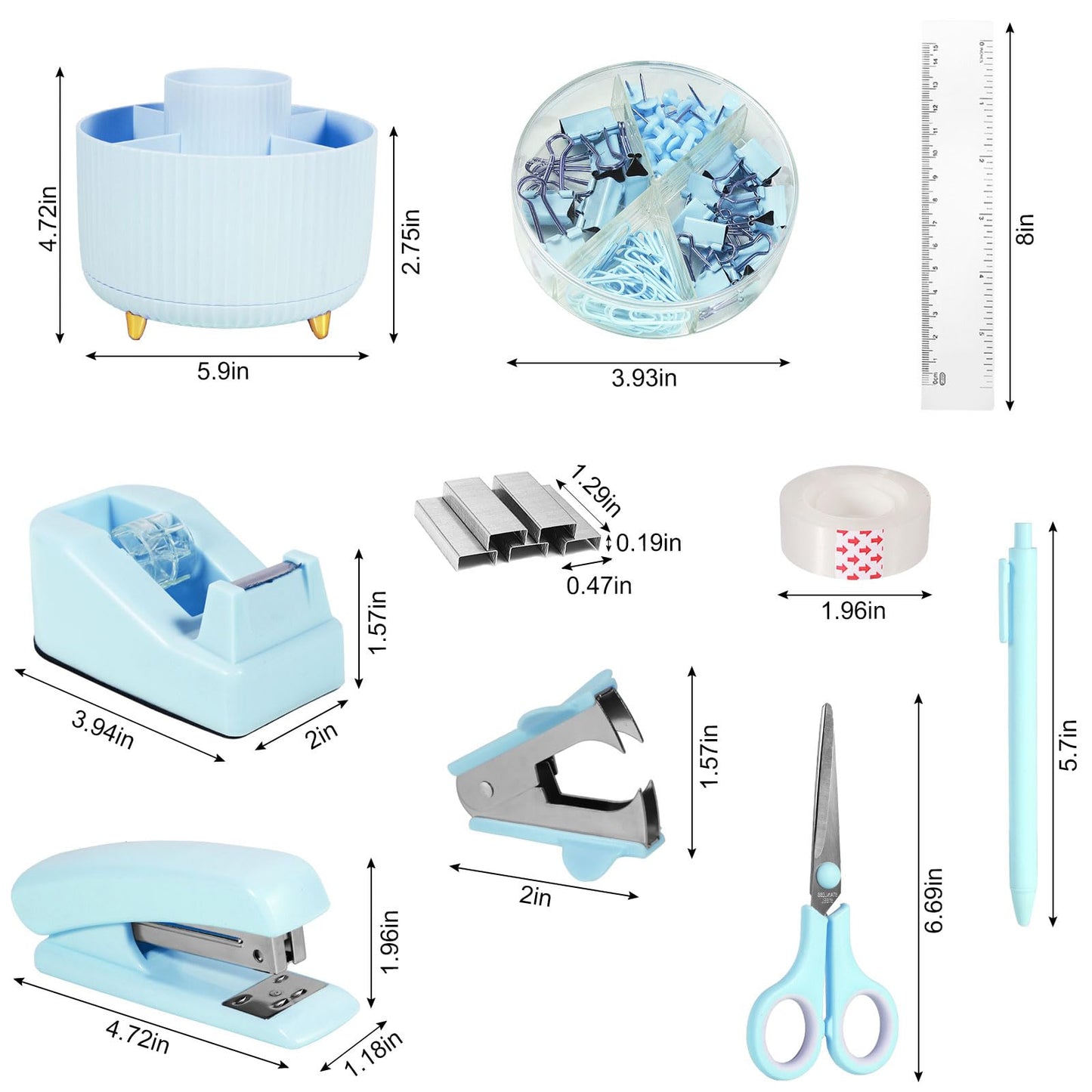 Gawsey Blue Desk Organizers and Accessories Set with 360-Degree Rotating Pen Holder, Tape Dispenser, Stapler, Staple Remover, 1000 Staples, Tape, Clips Set, Ruler, Scissor, Pen