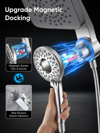 Cobbe Dual Shower Head with Magnetic Handheld, High Pressure Rain Shower Combo 2-in-1 Fixed & Detachable, Multiple Spray Modes, Built-in Magnet Dock 6ft Hose, Chrome