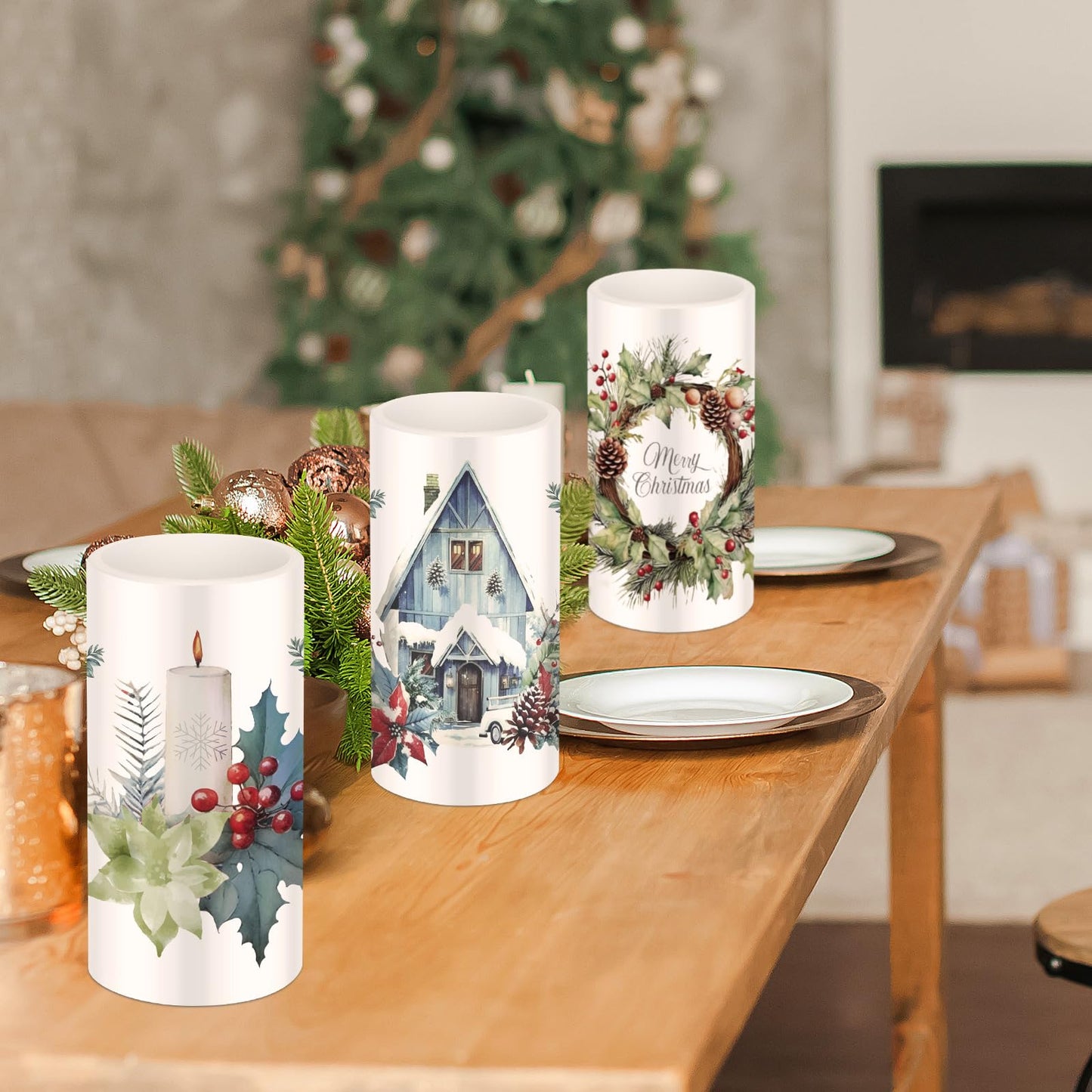 Retisee 3 Pcs Farmhouse Christmas Flameless Candles with Remote Rustic Christmas Battery Operated LED Candles Farmhouse Xmas Decor for Rustic Xmas Holiday Dining Table Bedroom Living Room