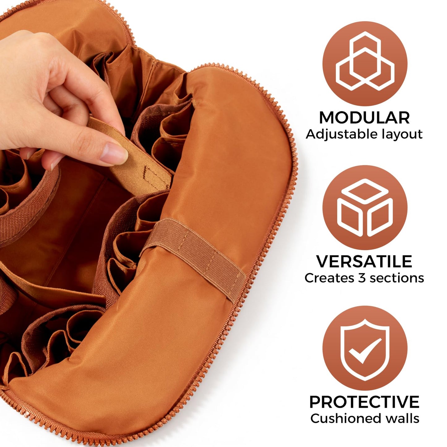Travel Makeup Organizer Bag with Fold-Down Design and Adjustable Dividers, 27 Pockets & 3 Brush Storage Holders, Large Capacity Cosmetic Bags Toiletry Case - Brown