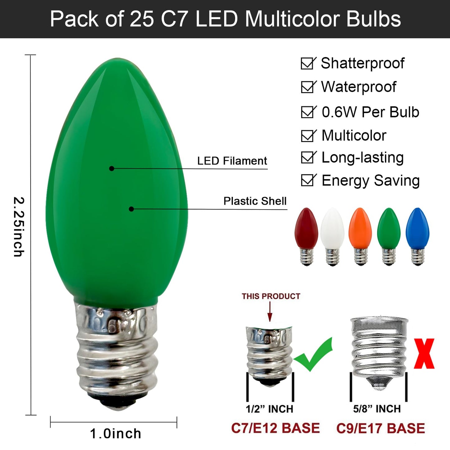 SUNSGNE 25 Pack C7 LED Multicolor Christmas Replacement Light Bulbs for Christmas Indoor Outdoor String Lights, E12/C7 Candelabra Base, 0.6 Watt