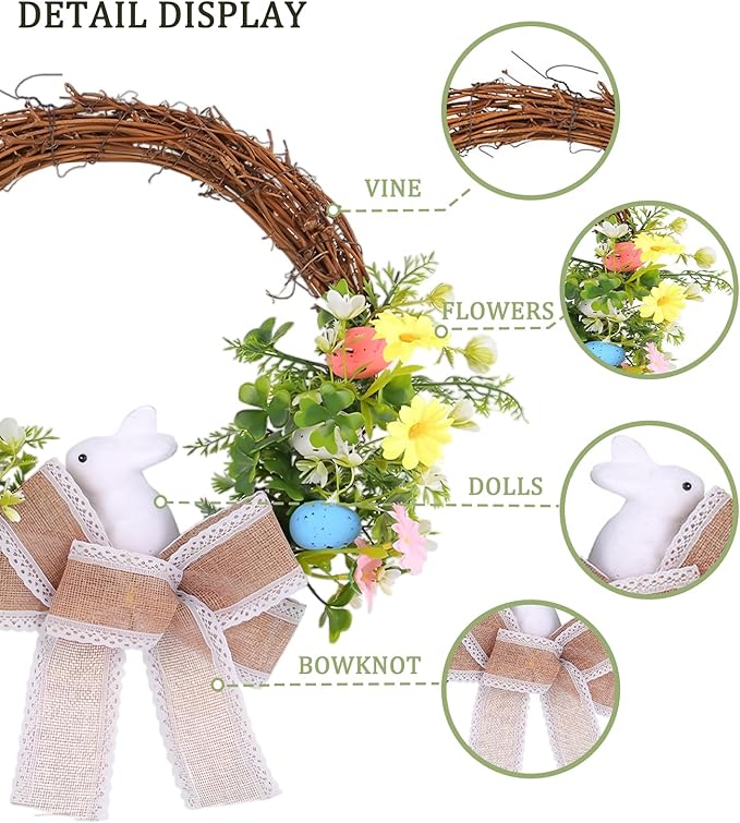 Spring Easter Wreath with Bunny, Floral Decorations, Burlap Bow, 14 inches
