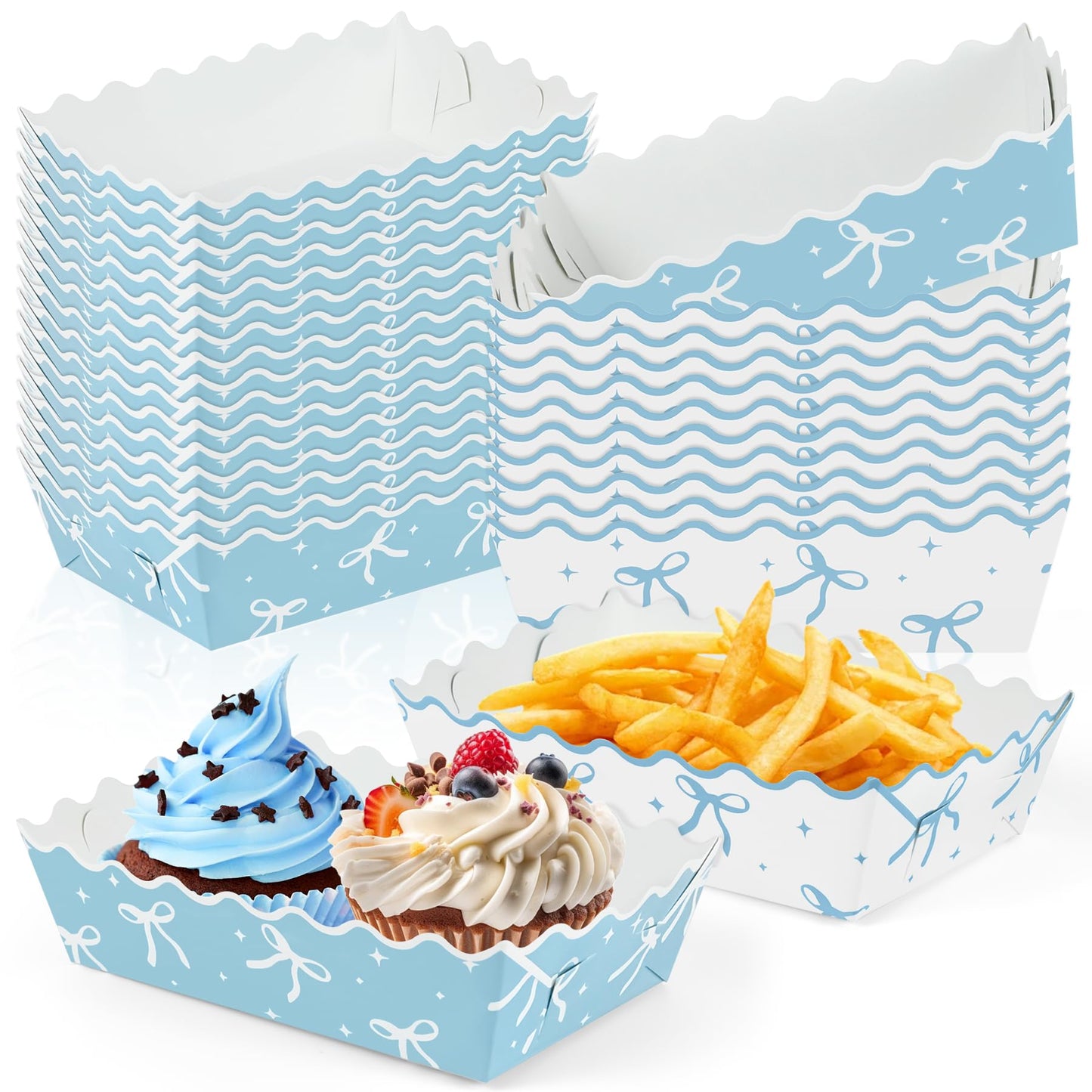 100 Pcs Blue Bow Paper Food Trays Blue Coquette Cookie Tray for Gift Giving Scalloped Food Serving Boat Disposable Trays for Serving Snack Bridesmaids Wedding Party Favors