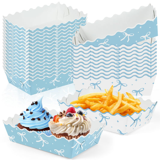 100 Pcs Blue Bow Paper Food Trays Blue Coquette Cookie Tray for Gift Giving Scalloped Food Serving Boat Disposable Trays for Serving Snack Bridesmaids Wedding Party Favors